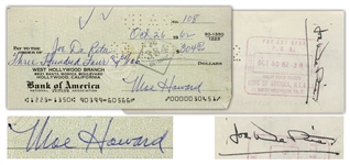Moe Howard Check Signed to Joe DeRita -- Endorsed by DeRita on Verso -- Dated 26 October 1962 -- Very Good Condition